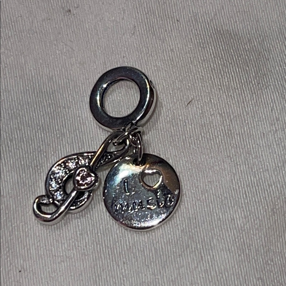 Sterling Silver 925 Music Note Charm w Pink Gem in Heart Engraved I Love Music